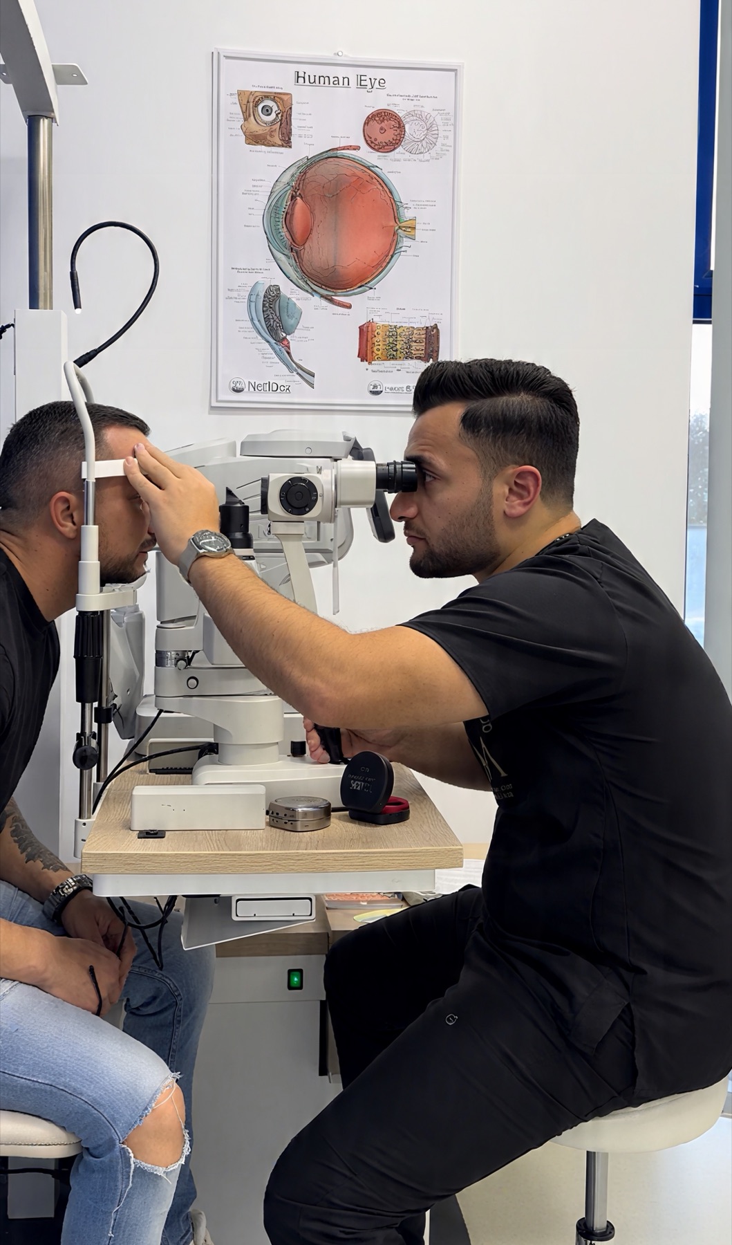 Dr. Mahdi Labib la biomicroscop, în timpul unui consult